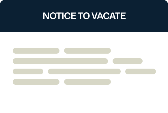 Image of a notice with the heading "Notice to Vacate." Beneath the title, blurred or unreadable text indicates document details. The notice has a simple white background with a dark blue header.