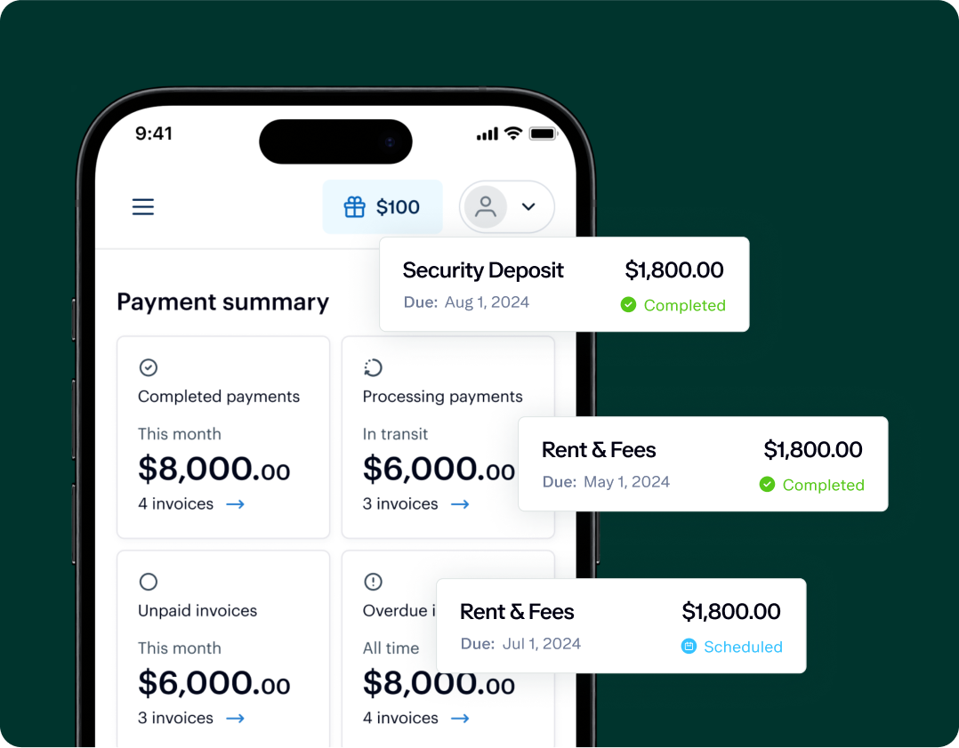 A mobile app screen displaying a payment summary. It shows sections for completed payments, processing payments, and unpaid invoices with respective amounts and invoice counts. Two notifications mention rent and fees with due dates and status updates.