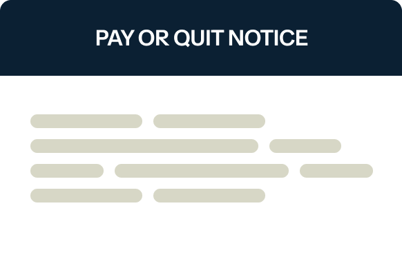 An illustration of a "Pay or Quit Notice" with blurred lines representing text, on a navy and white background.