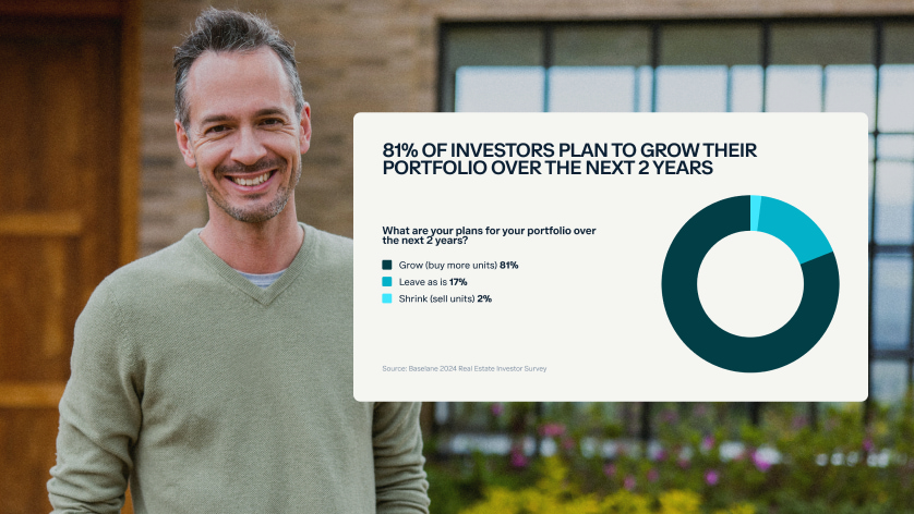 A man stands outdoors smiling, with a chart beside him. The chart shows investment intentions: 81% plan to grow their portfolio, 17% to leave it as is, and 2% to shrink it over the next two years.
