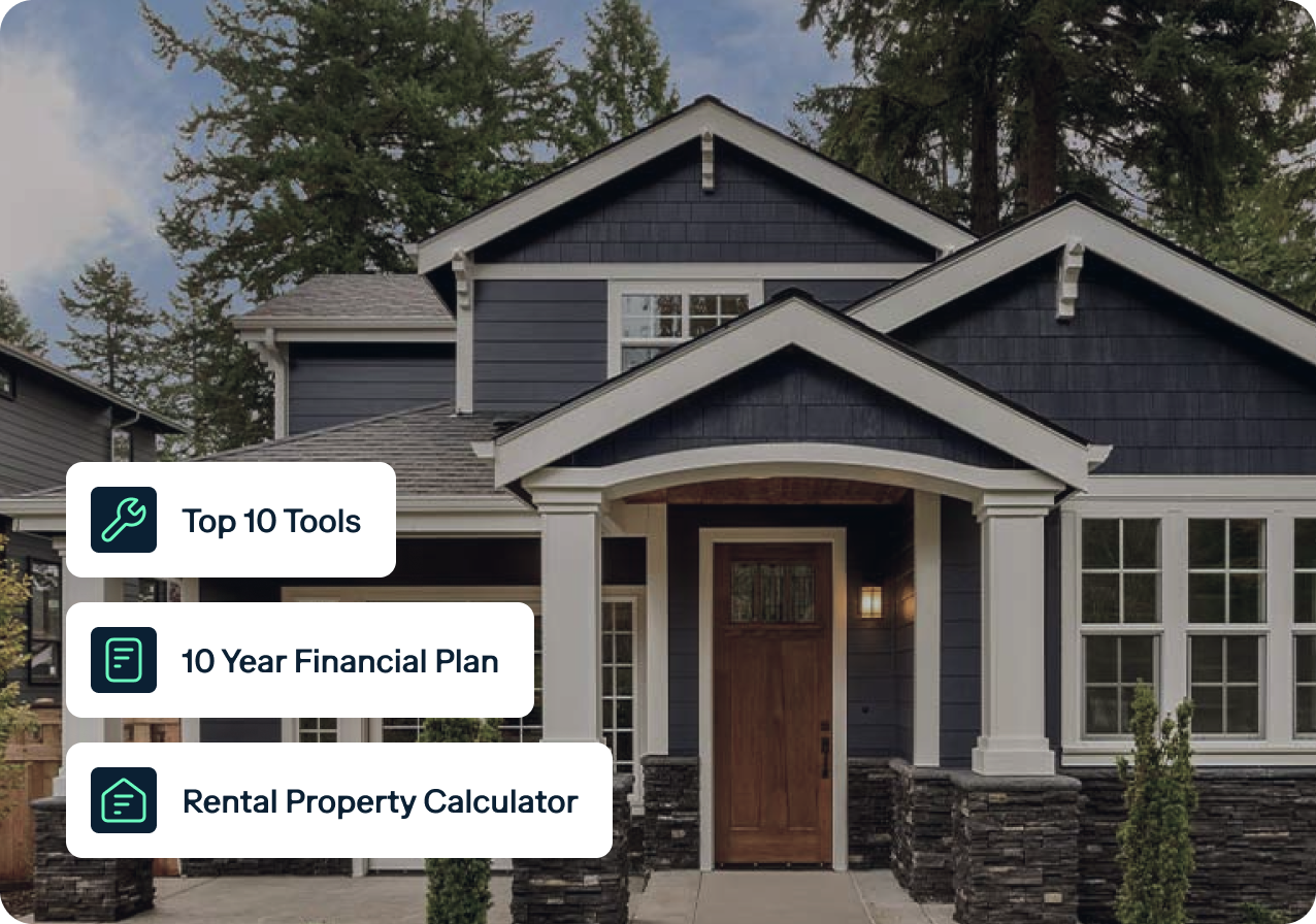 A modern, two-story house with dark blue siding and white trim surrounded by tall trees. Overlaid text bubbles read: "Top 10 Tools," "10 Year Financial Plan," and "Rental Property Calculator.