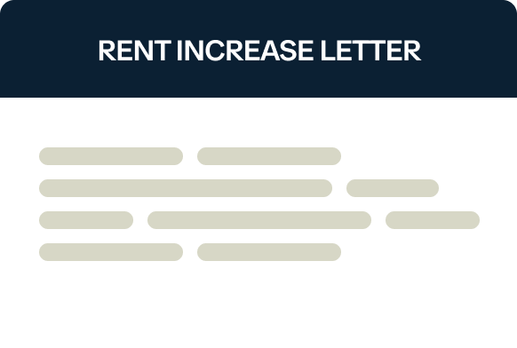 A graphic of a rent increase letter showing a header and lines of text, symbolizing content. The text is obscured and unreadable, with a navy blue header and light gray lines on a white background.