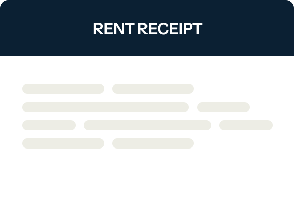 Illustration of a rent receipt with a dark blue header and the words "RENT RECEIPT" in white. Below, there are blurred lines representing text on a white background.