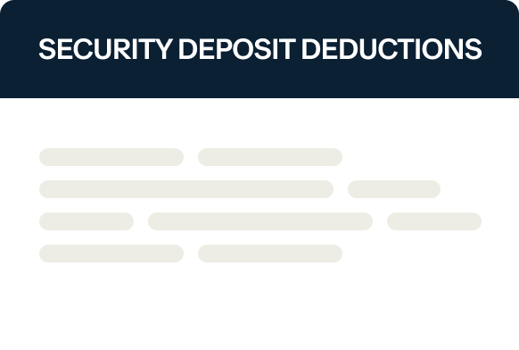 A graphic showing the title "Security Deposit Deductions" at the top with several horizontal lines below, resembling text or a list but unreadable due to blurring or styling. The background is white with a dark header.