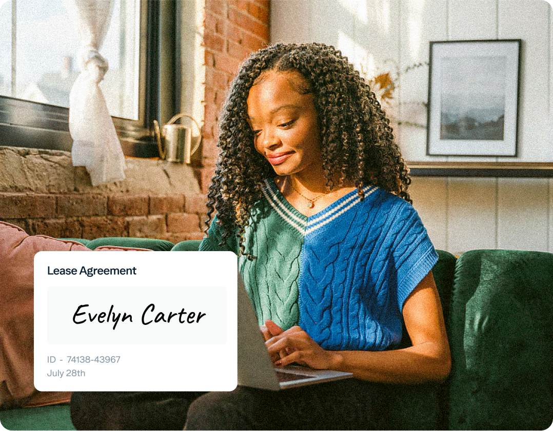 A woman sits on a green couch, reading a document. The background features a brick wall and a window. An overlay shows a lease agreement with the name Evelyn Carter, ID number 74138-43967, and the date July 28th.