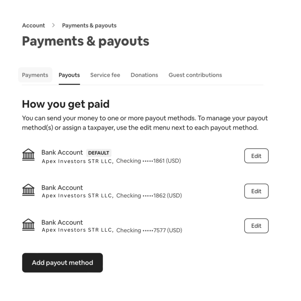 Screenshot of a payment settings page showing three bank accounts listed for payouts with options to edit each. Buttons to edit accounts and add a payout method are visible.