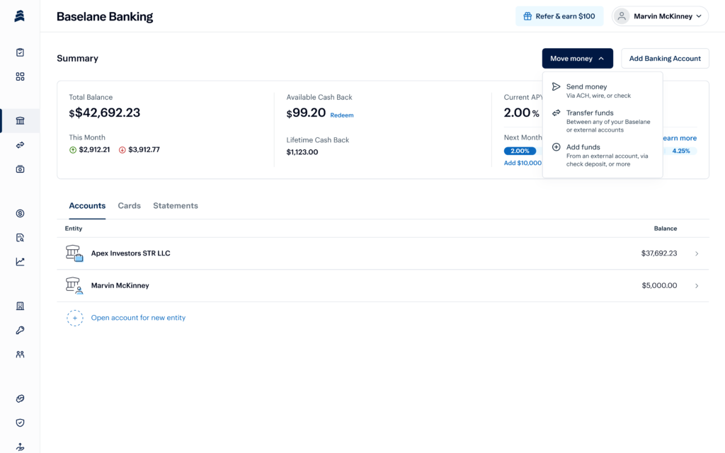 A digital banking dashboard showing total balance, available cash back, and interest rate. It lists two accounts: "Apex Investors STR LLC" with $3,702.23 and "Marvin McKinney" with $38,990.00. Options to add funds or accounts are available.