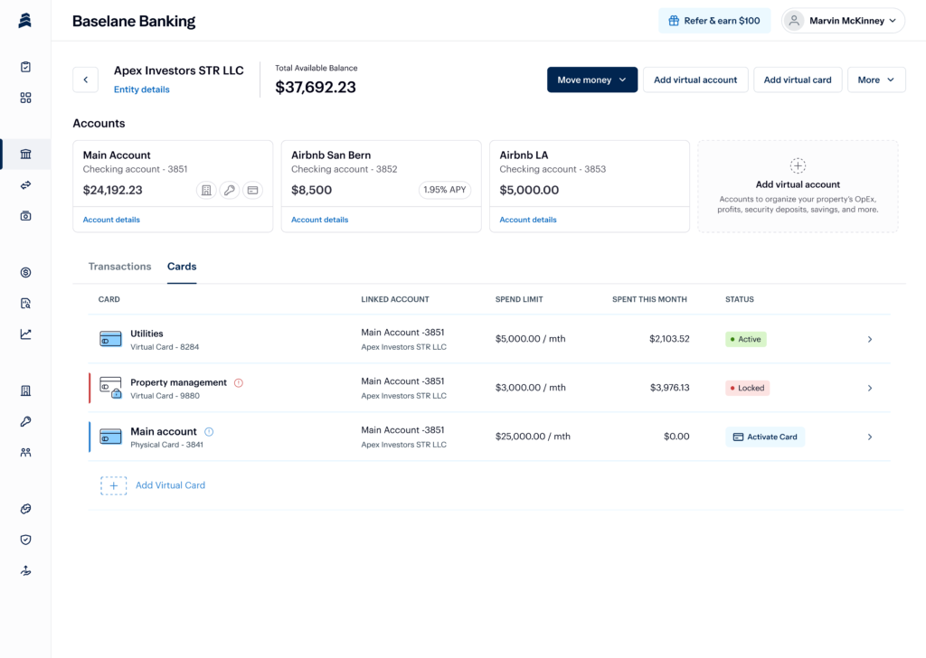 Screenshot of a banking dashboard for Baseline Banking showing account balances and details for Apex Investors STR LLC. Includes checking accounts, savings account with 1.05% APY, and recent transaction activity with options to add virtual cards.
