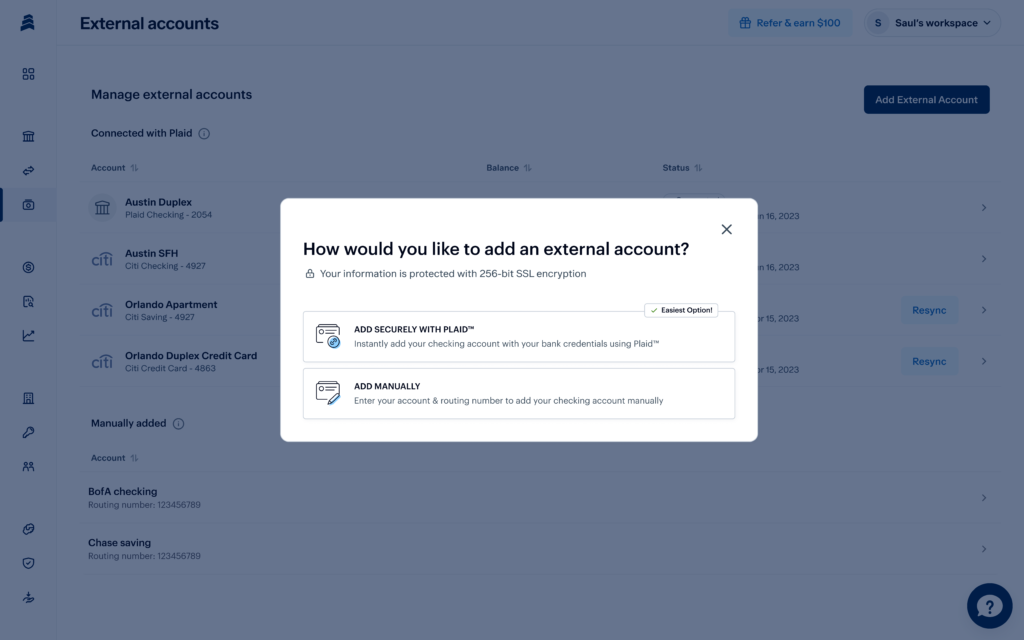 A pop-up window on a bank website asking how to add an external account with options: "Add securely with Plaid" and "Add manually," both with descriptions. The background shows a list of external accounts with icons and details.