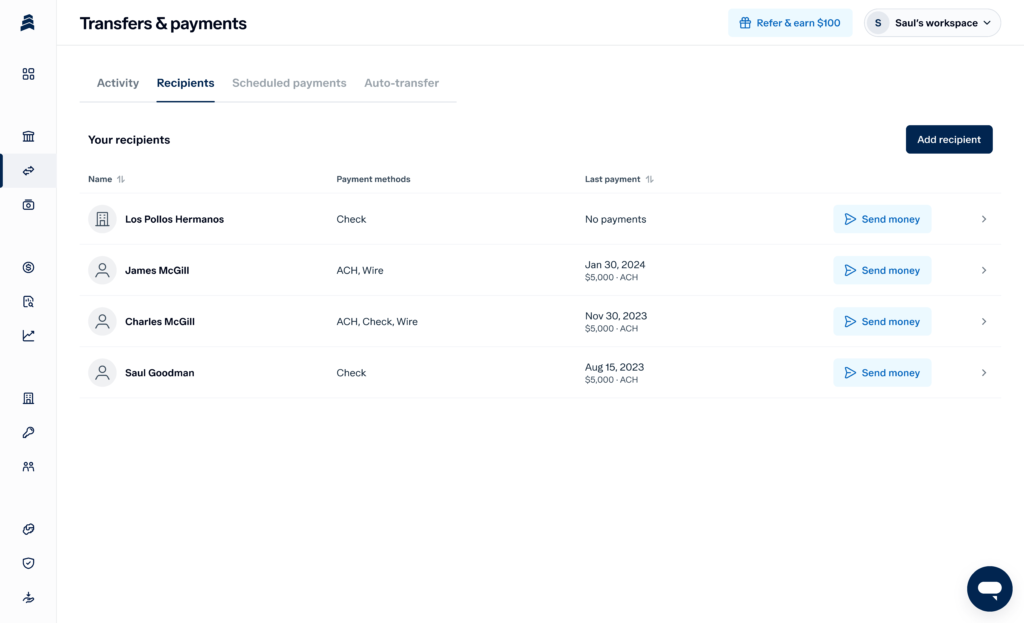 A screenshot of a transfers and payments webpage. It displays a list of recipients with payment methods and last payment dates. Four recipients are shown with options to send money. An "Add recipient" button is visible on the right.