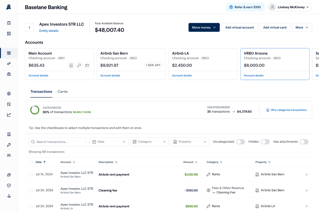 A financial dashboard displaying a total balance of $48,007.40. It includes three accounts, transaction categories, and details on recent transactions like rent payments and cleaning fees. Users can manage accounts and add virtual cards.