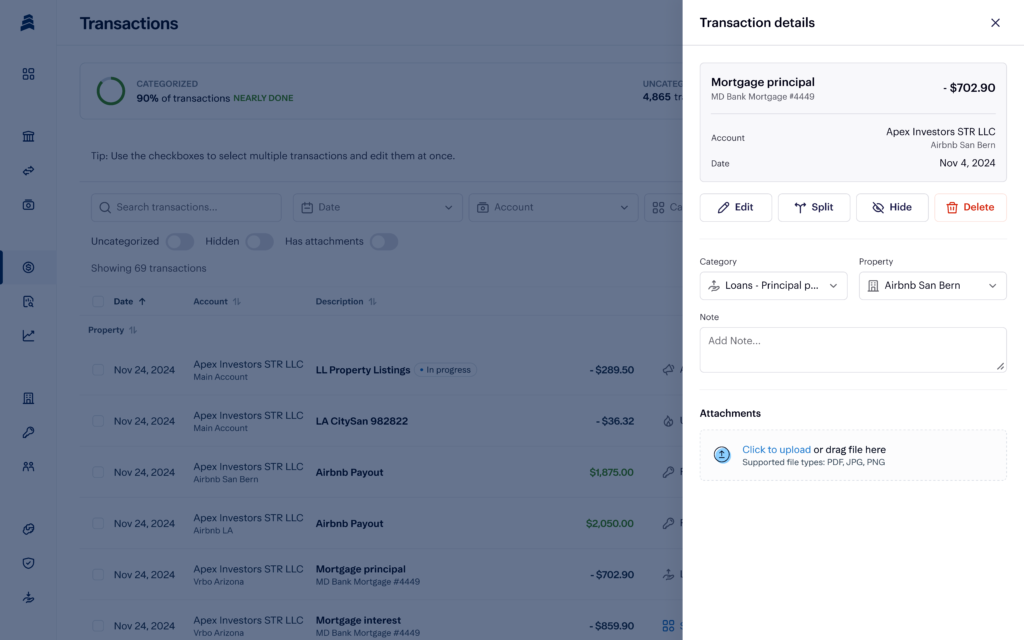Screenshot of a financial software interface displaying a transaction list with "Transaction details" on the right side. A mortgage principal amount of $702.90 is highlighted, with options to edit, split, hide, and transfer.