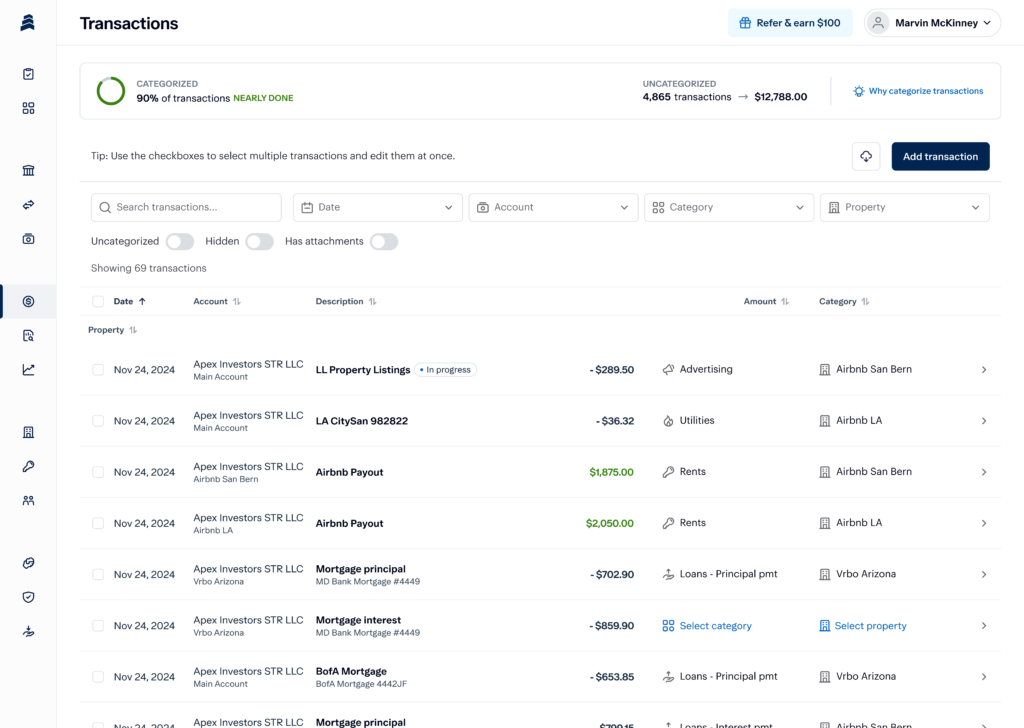 Screenshot of a financial transactions dashboard showing categorized transactions at 90% completion. It includes a search bar, transaction filters, and a list of transactions with details like date, description, account, category, and amount.