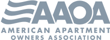 Logo of the American Apartment Owners Association (AAOA) with stylized waves on the left and the abbreviation "AAOA" on the right. The full name is written underneath in capital letters.