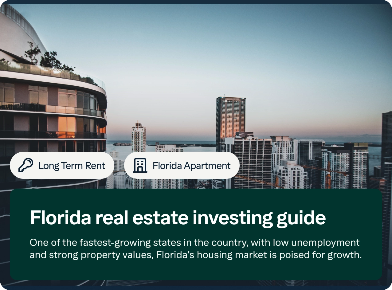 A city skyline at sunset with tall buildings, including a round glass structure. Text overlays promote a "Florida real estate investing guide" and icons for "Long Term Rent" and "Florida Apartment.