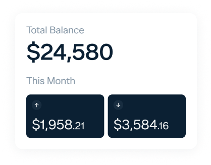 A financial summary showing a total balance of $24,580. This month, earnings are $1,958.21 with an upward arrow, and expenses are $3,584.16 with a downward arrow.