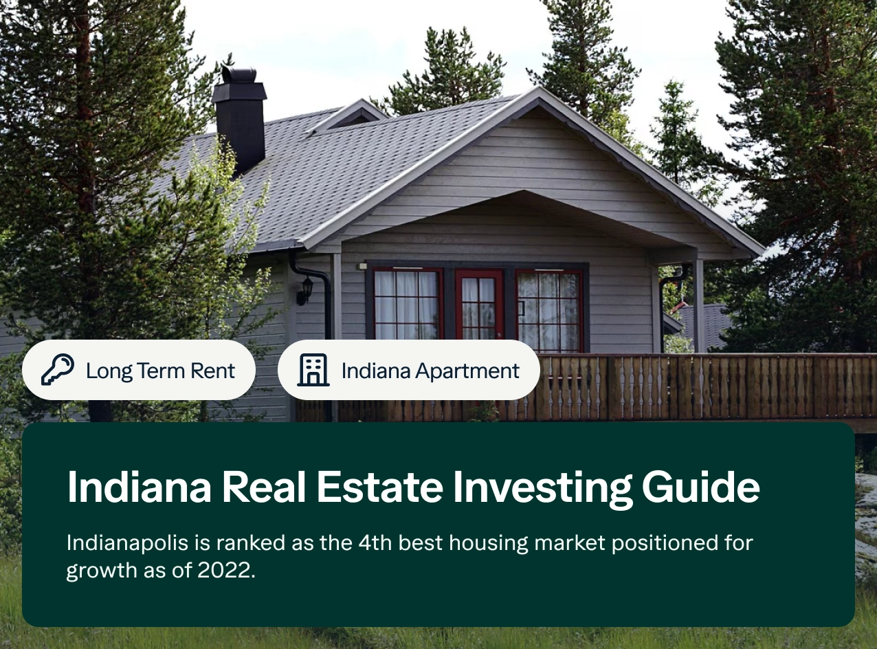 A cozy gray house with a chimney and wooden fence surrounded by pine trees. The image includes text about Indiana real estate, noting Indianapolis as the 4th best housing market for growth as of 2022. Buttons read "Long Term Rent" and "Indiana Apartment.