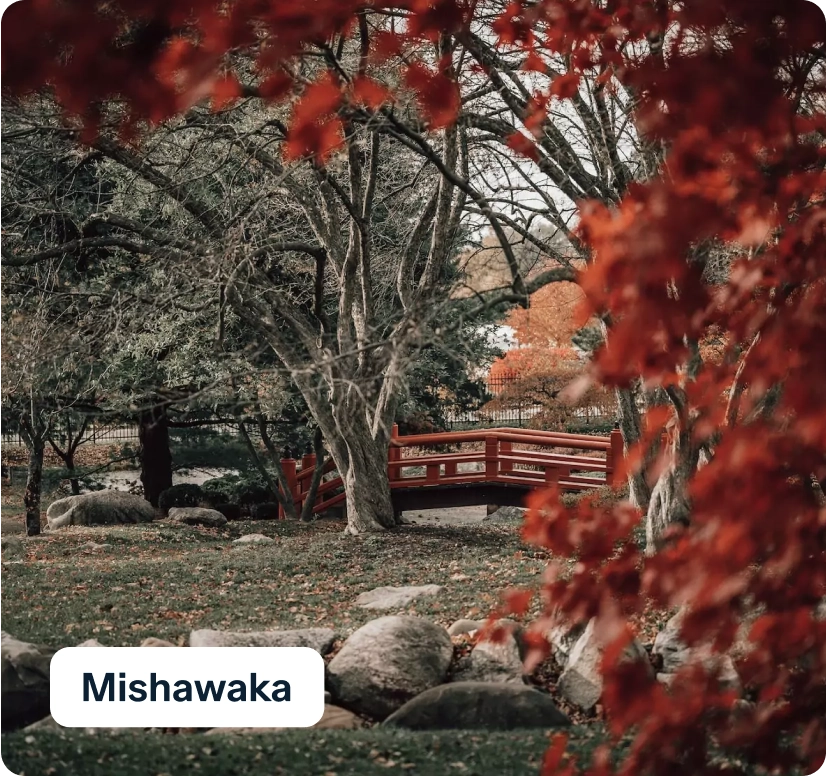 Scenic view of a park in Mishawaka featuring vibrant red autumn leaves and a wooden bridge. Leafless trees, rocks, and brown grass are visible, creating a serene atmosphere.