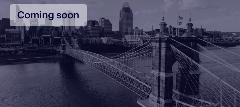 A monochrome image of a city skyline featuring a suspension bridge over a river. A "Coming soon" label is at the top left corner.