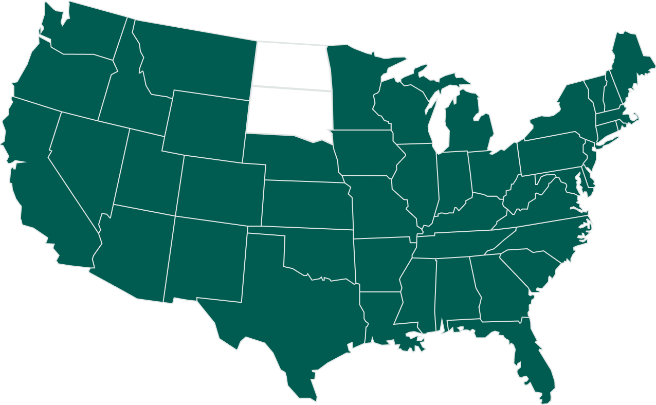 A map of the contiguous United States showing each state outlined and filled in teal. The map does not include Alaska or Hawaii.