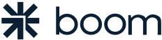 The image shows a logo with a star-like symbol on the left and the word "boom" in lowercase letters on the right. The design is in a dark blue color.