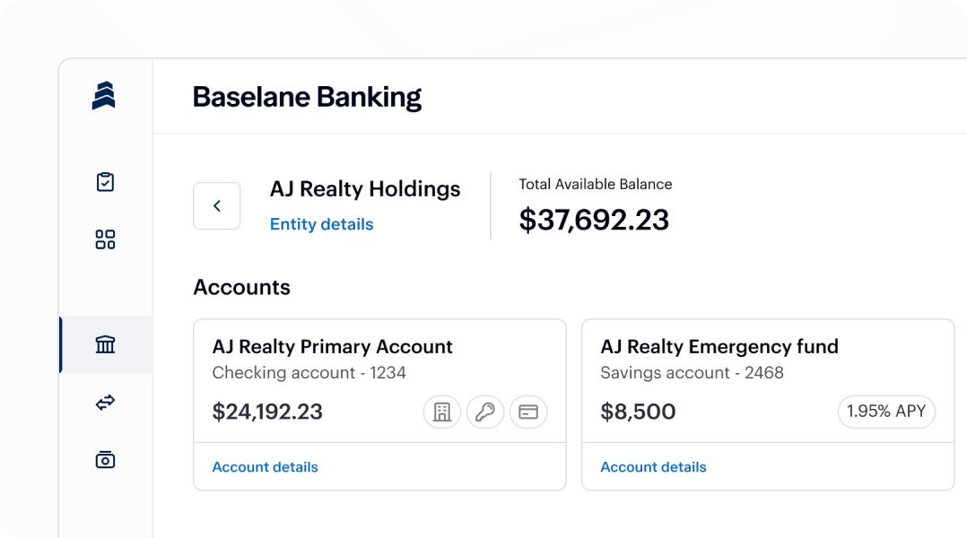 Screenshot of an online banking dashboard for Baseline Banking. It shows two accounts: a primary checking account with $24,192.23 and an emergency savings account with $8,500 at 1.95% APY. The total available balance is $37,692.23.