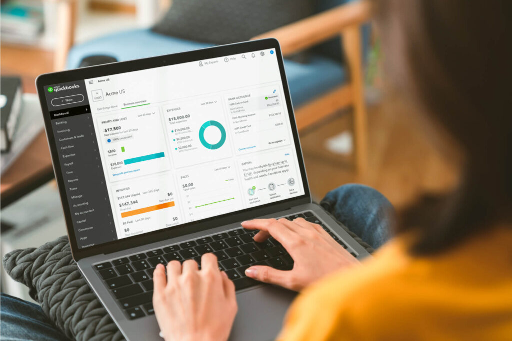 Mockup of a computer screen with QuickBooks dashboard