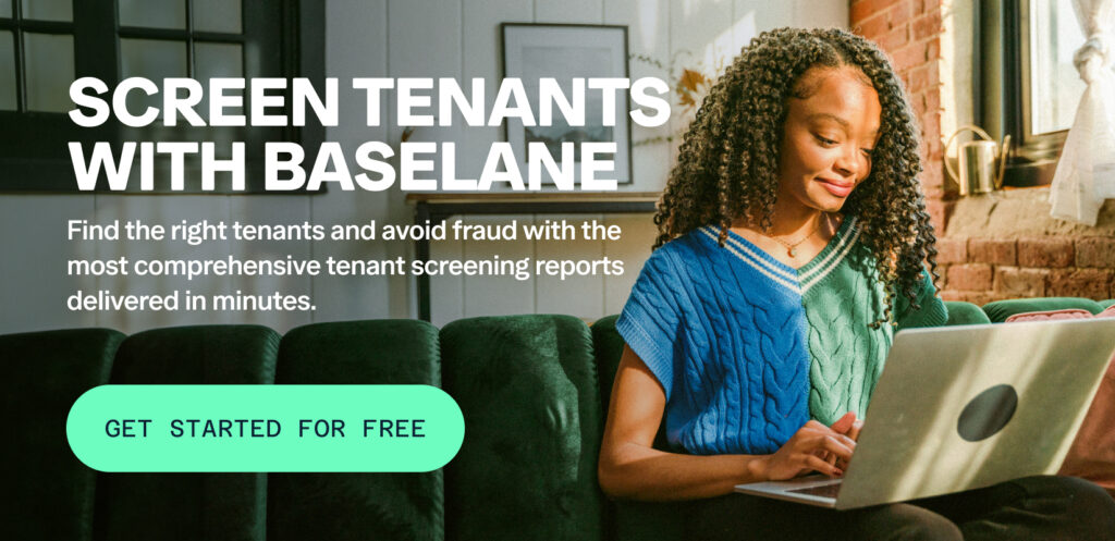 A woman in a blue sweater sits on a green couch using a laptop. Text on the image promotes tenant screening with Baselane, offering comprehensive reports delivered quickly. A button reads, "Get Started for Free.