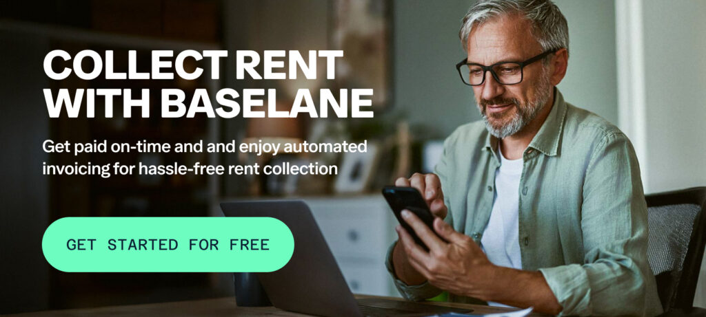 Promotional image for Baseline, a rental property accounting service. Includes the text, "Baselane: Accounting Built for Rental Properties" and "Reduce admin time and busy work while getting a clear view of expenses and cash flow with Baselane." Features houses and a "Get Started for Free" button.