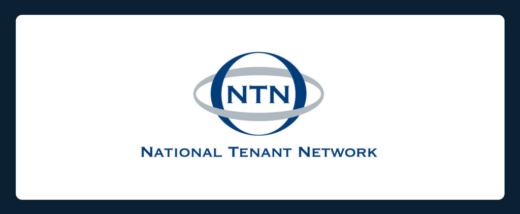 Logo of National Tenant Network with “NTN” inside an oval made of blue and gray bands on a white background. The full name is written below the oval in blue text.