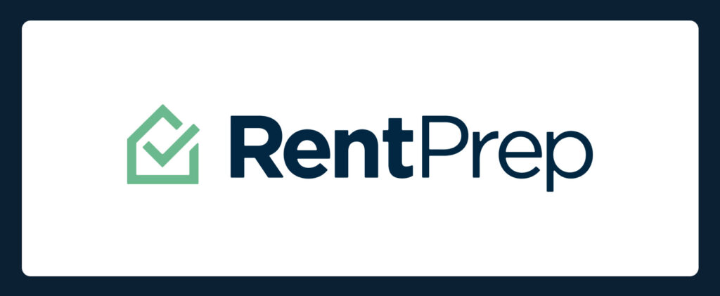 Logo of RentPrep featuring a green checkmark inside a house shape, followed by the company name in bold, dark blue text. The background is white with a dark blue border.