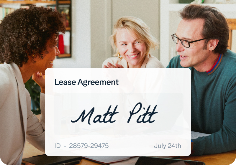Three people are having a discussion around a table. Overlay text reads "Lease Agreement," with the name "Matt Pitt," ID "28579-29475," and date "July 24th." A warm, well-lit indoor setting is visible in the background.