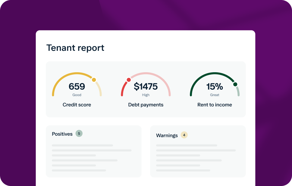 Screenshot of a tenant report showing: a credit score of 659 (Good), debt payments of $1475 (High), and a rent to income ratio of 15% (Great). There are sections for positives and warnings with numeric labels 5 and 4, respectively.