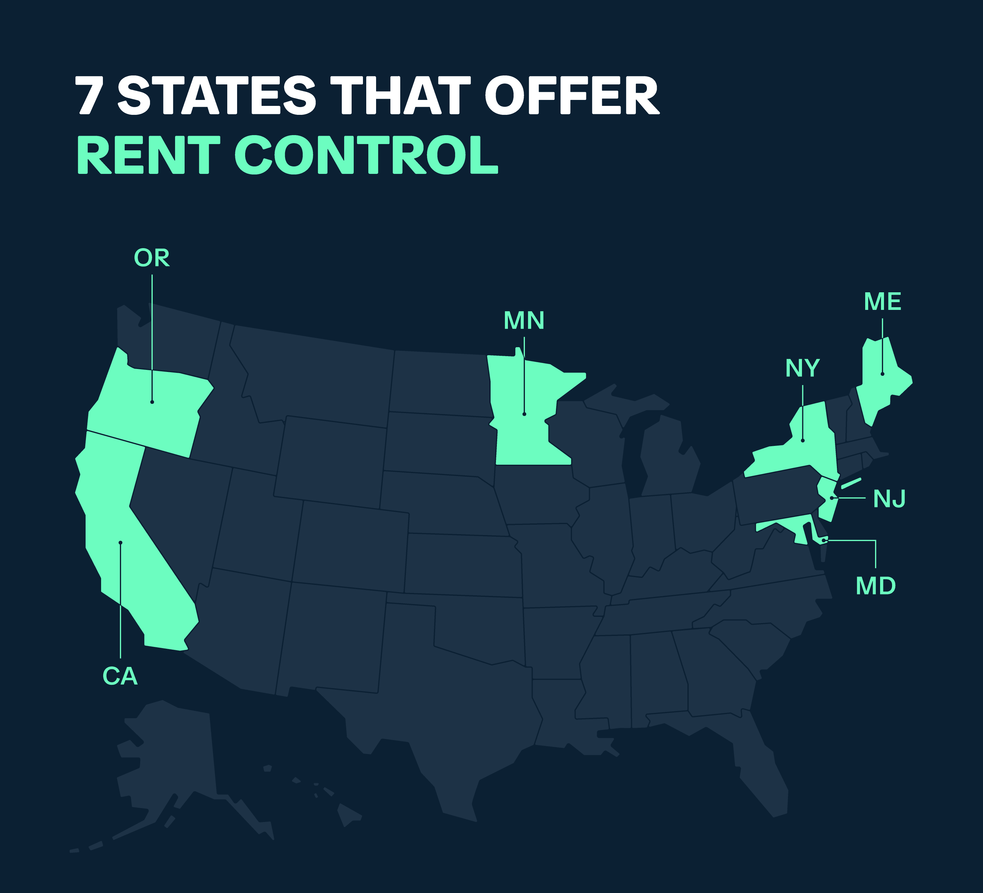 Map of the 7 US states offering rent control