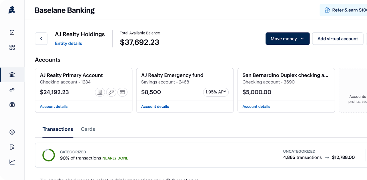 Banking dashboard showing "Baselane Banking." Displays total available balance of $37,692.23 across three accounts: primary account ($24,192.23), emergency fund ($8,500), and checking account ($5,000). Includes transaction categorization progress.