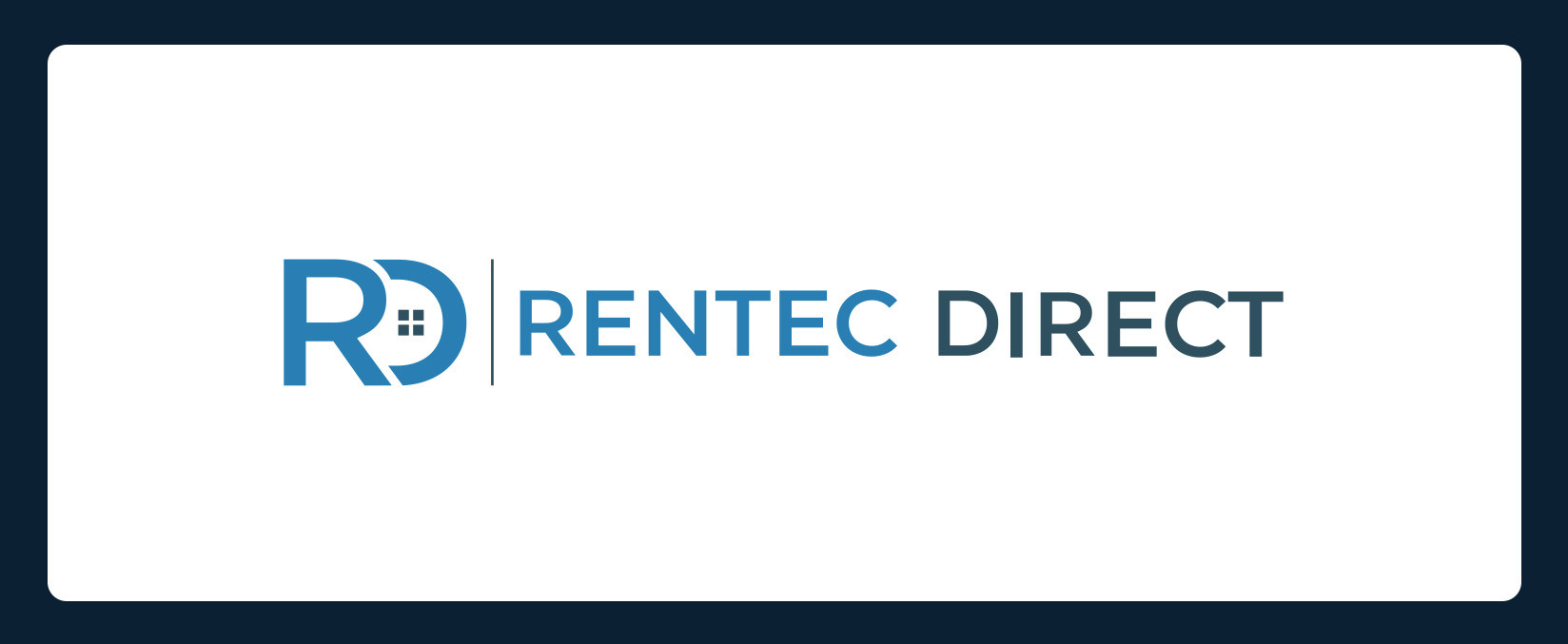Logo for Rentec Direct featuring stylized blue letters "RD" with a house window design, followed by the text "RENTEC DIRECT" in blue and gray. The logo is set against a white background with a dark border.