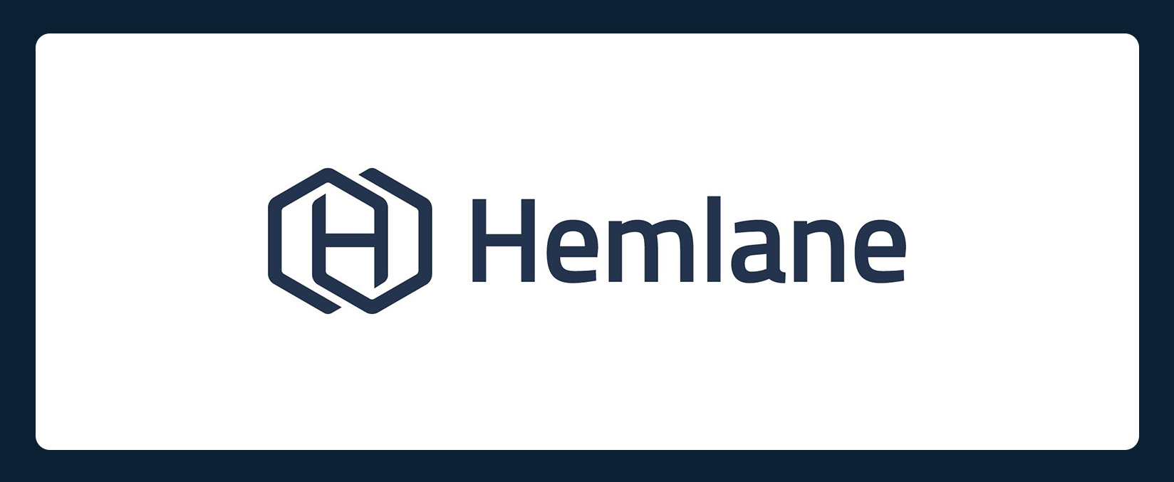 The image features the Hemlane logo, consisting of a stylized hexagonal "H" emblem followed by the word "Hemlane" in modern, blue lettering on a white background, all framed by a dark blue border.