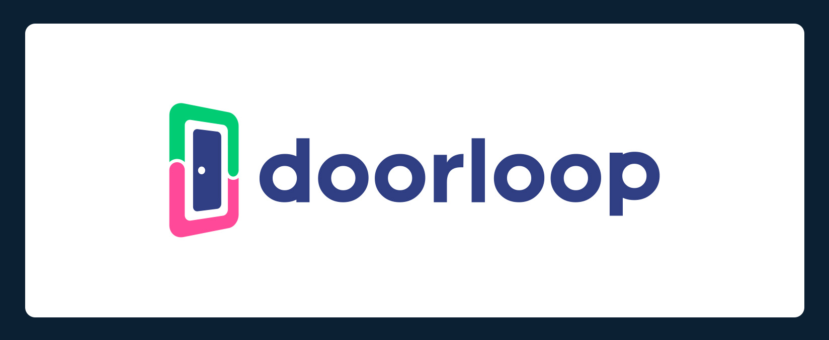 Logo featuring the word "doorloop" in blue lowercase letters on a white background. To the left, there is a stylized icon resembling a door in pink and green. The entire design is enclosed in a dark blue rectangular border.