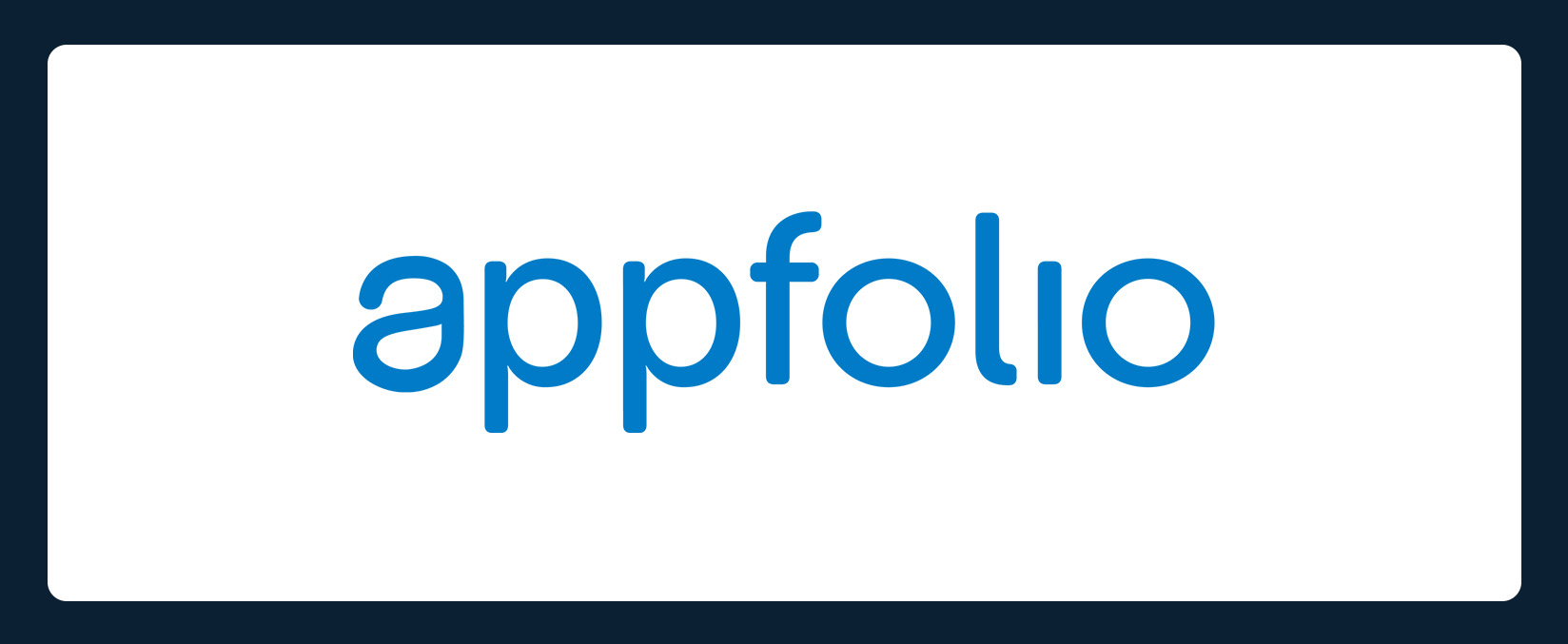 Blue text reading "appfolio" on a white background, framed by a dark border.