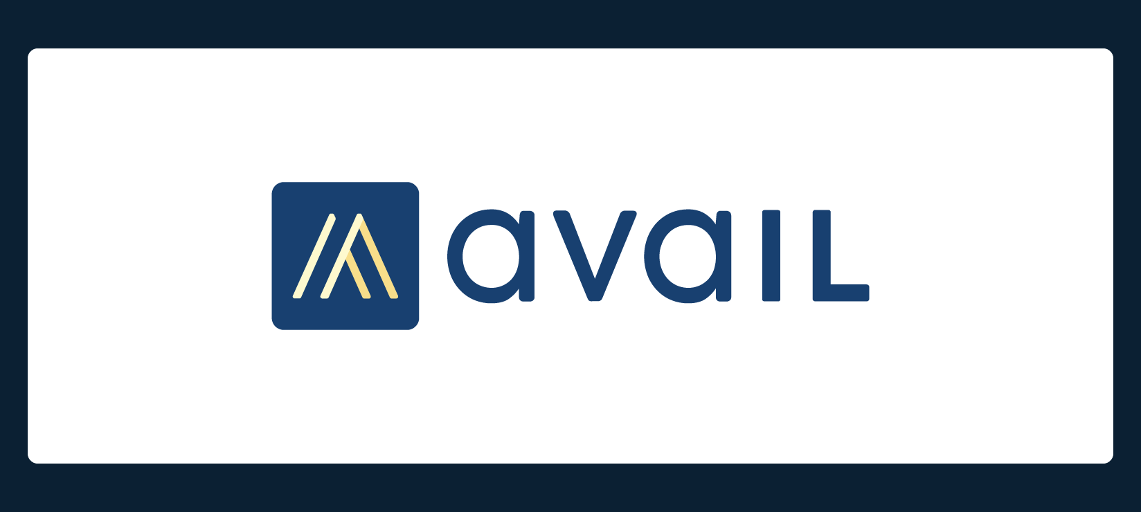 Logo featuring a blue square with two yellow diagonal lines forming an "A" shape, followed by the word "avail" in lowercase blue letters. The background is white with a dark blue border.
