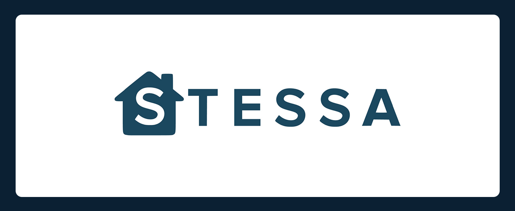 The image shows the logo for "STESSA." The "S" is integrated within a house-shaped icon, followed by the letters "TESSA" in bold typography. The background is white, and the design is framed by a dark border.