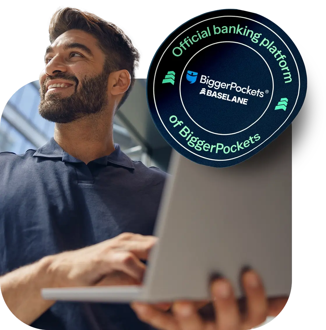 A smiling man with a beard and wearing a navy blue shirt holds a laptop. Next to him is a circular graphic showing logos of BiggerPockets and Baselane, with the text "Official banking platform of BiggerPockets.