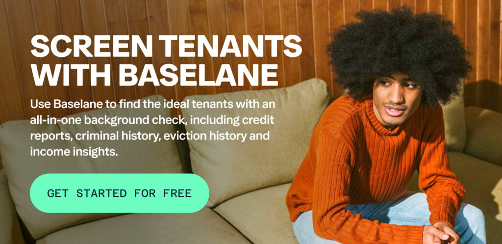 Person with curly hair wearing an orange sweater sits on a beige couch. Text promotes Baselane's tenant screening services. A green button says, "Get Started for Free." The background features a wooden wall.