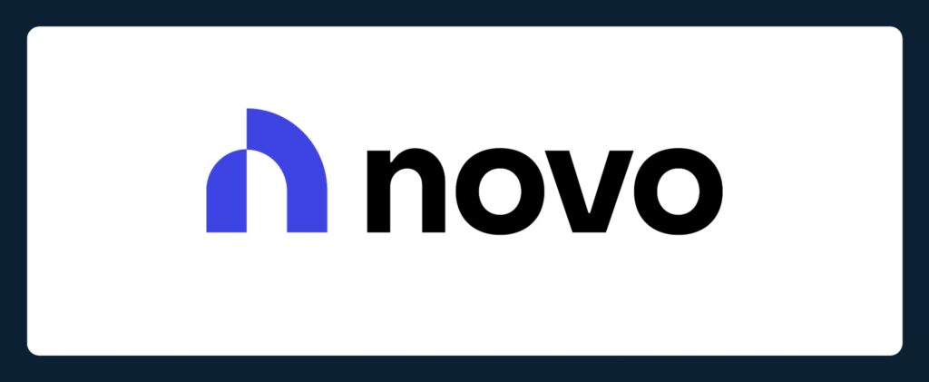 The image shows the word "novo" in black lowercase letters next to a blue, arched abstract logo—possibly representing how to open an escrow account—on a white background, bordered by a dark blue frame.