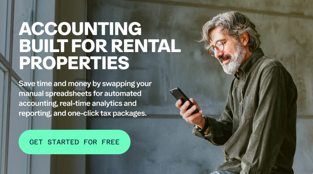 An older man with glasses and a beard, wearing a casual shirt, looks at his smartphone. Text on the image reads "Accounting Built for Rental Properties" with details on benefits, and a green button labeled "Get Started for Free.