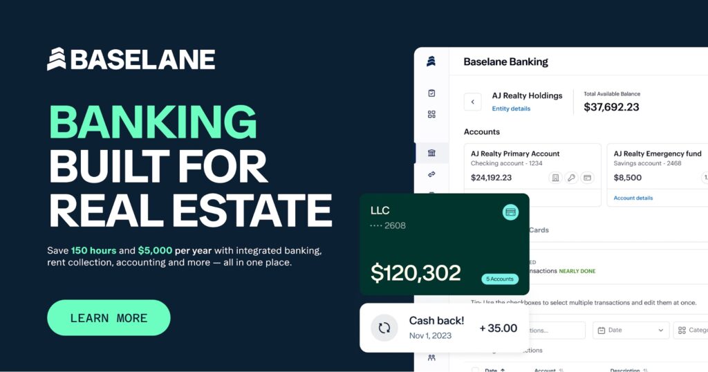 A digital ad for Baselane shows a banking dashboard, a green debit card, balance figures, and the tagline “Banking Built for Real Estate.” Discover how to open an escrow account. A green “Learn More” button stands out on the dark blue background.