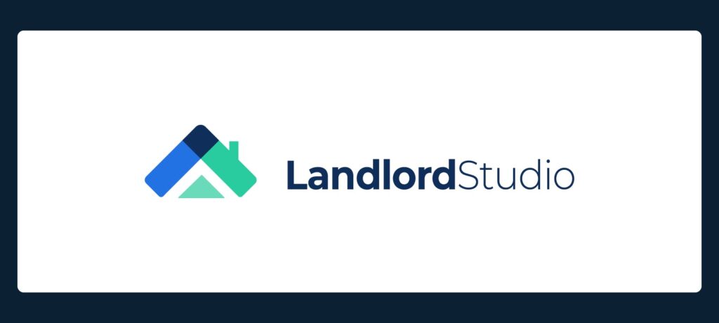 Logo for Landlord Studio featuring a stylized house icon in blue and green shades next to the text "LandlordStudio" in dark blue, all on a white background with rounded edges and a dark border.