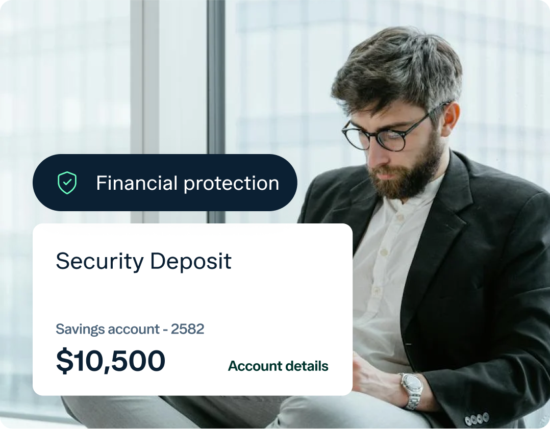 Man in glasses and a suit looks down at a document. Text overlay reads "Financial protection" and "Security Deposit." Account balance is $10,500 with savings account number 2582.