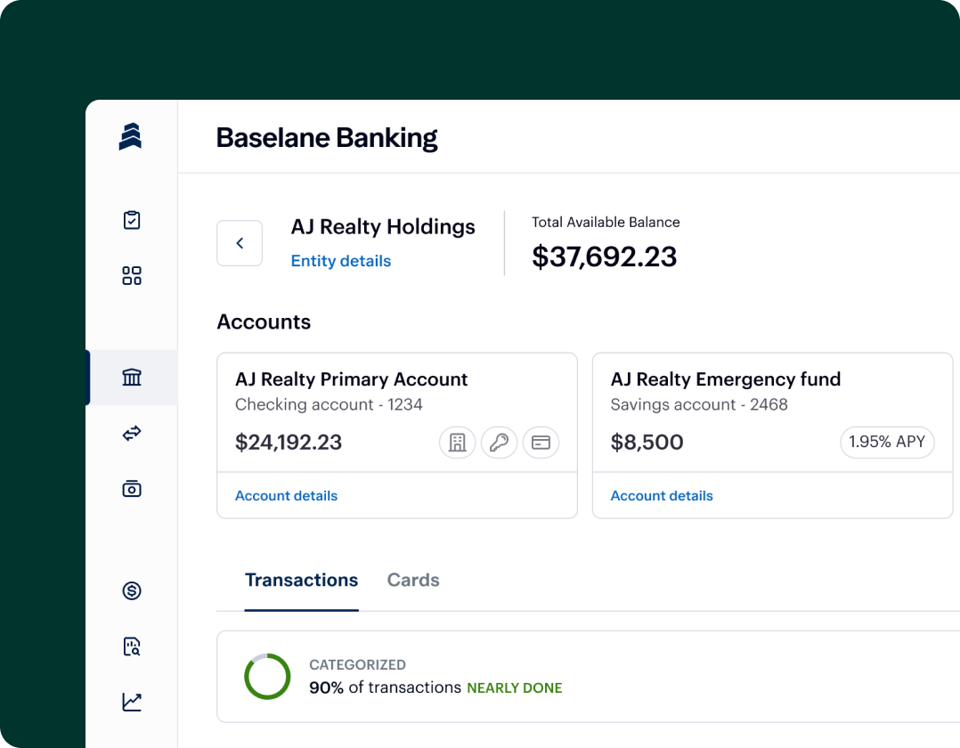 Screenshot of a banking dashboard titled "Baselane Banking." It shows the total available balance as $37,692.23. Listed accounts include a primary account with $24,192.23 and an emergency fund with $8,500. The emergency fund offers a 1.95% APY.