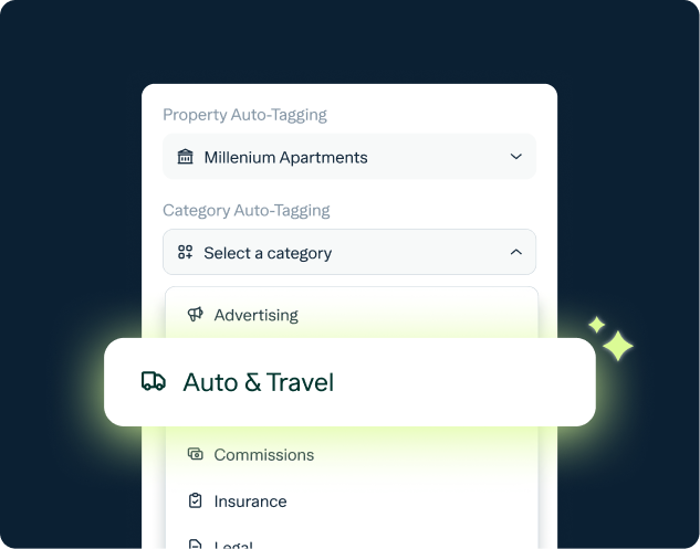 A digital interface shows property and category auto-tagging options, with "Millenium Apartments" selected for property and "Auto & Travel" highlighted under category. Other categories like Advertising and Insurance are listed.